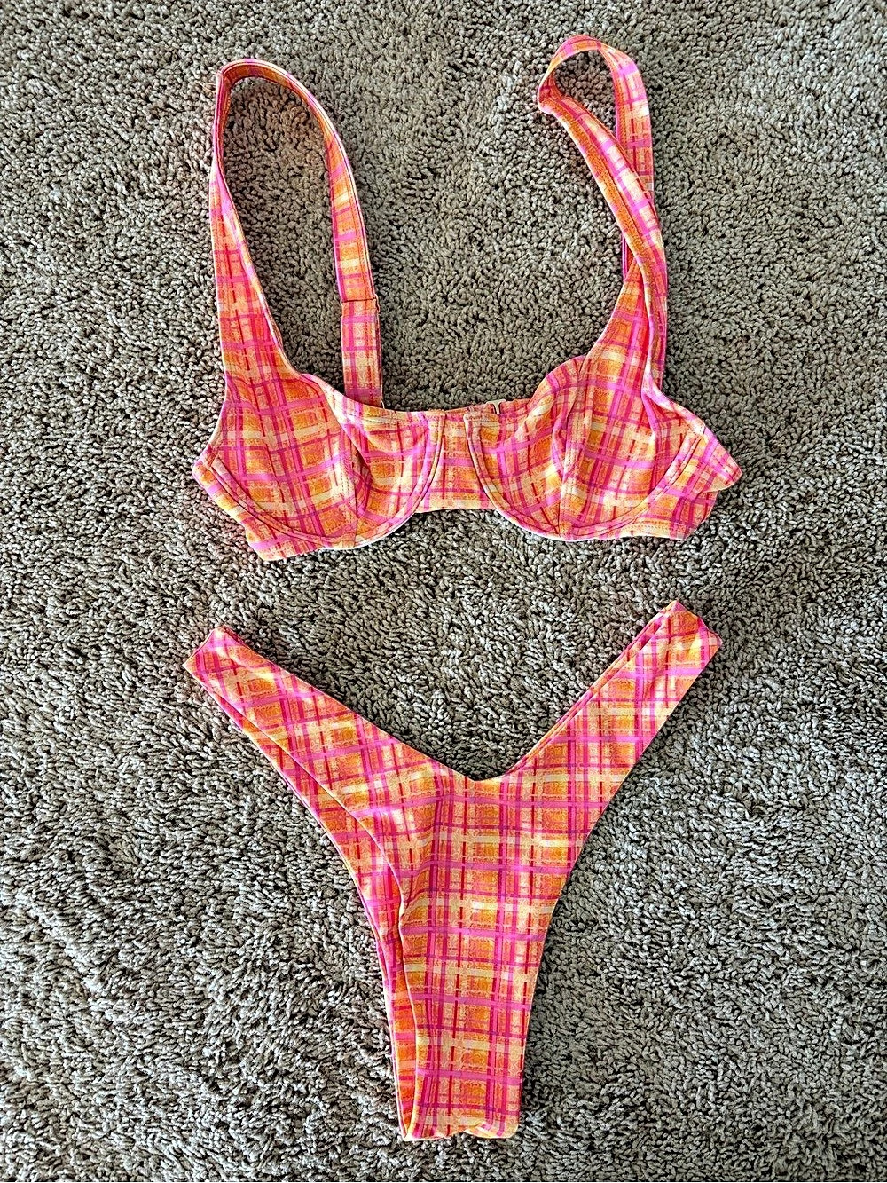 Kulani Kinis Plaid Bikini Set in Pink & Orange Size XS + M